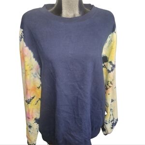 Zara Navy Crew Neck Sweatshirt Relaxed Fit with Tie-dyed Sleeves XL